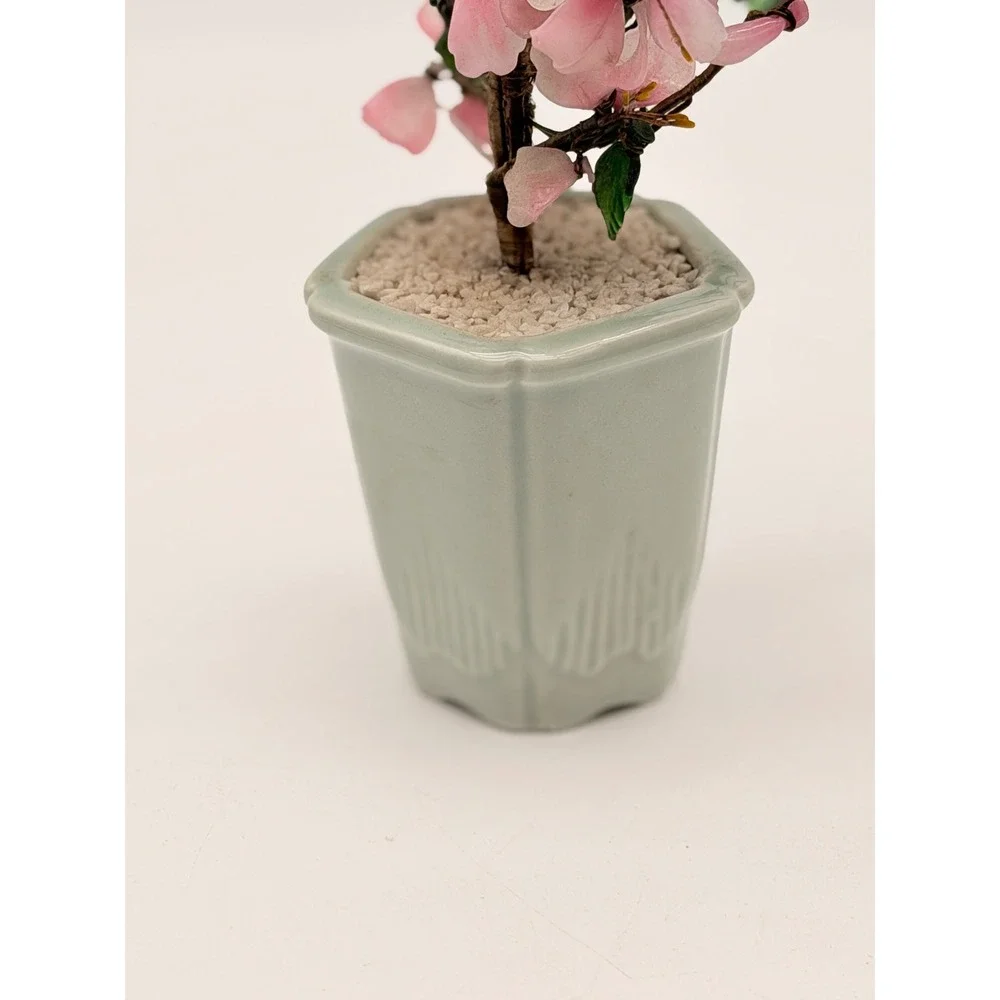 Vintage Glass Cherry Blossom Bonsai Tree Celadon Ceramic Pot Pink Green Asian